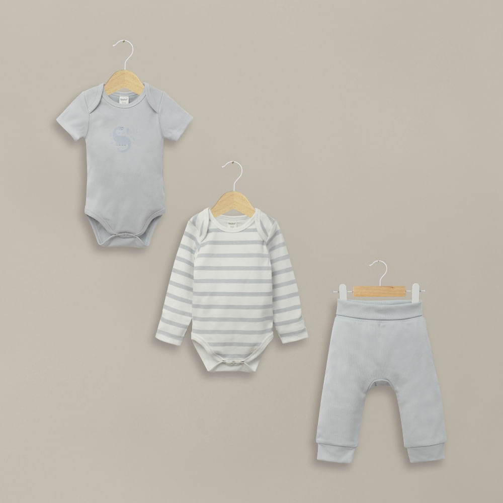 Conjunto 3 piezas bodies y pantalón azul de bebé niño