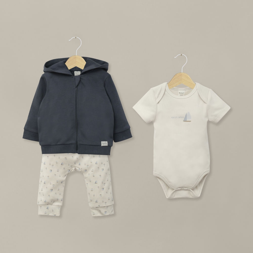 Conjunto 3 piezas polerón, body y pantalón azul de bebé niño