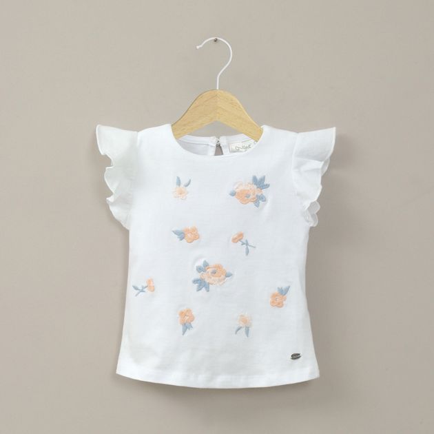 Polera manga corta bordada blanca de niña