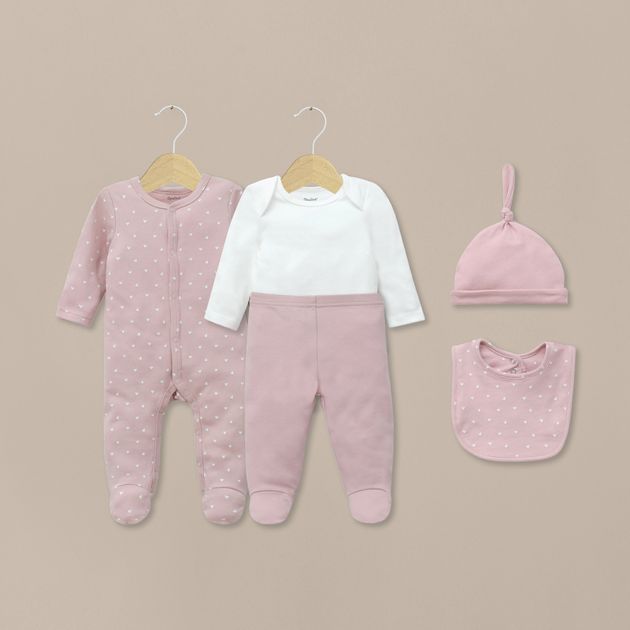 Conjunto 5 piezas rosado con corazones de bebé niña