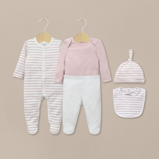 Conjunto 5 piezas rosado con lineas de bebé niña