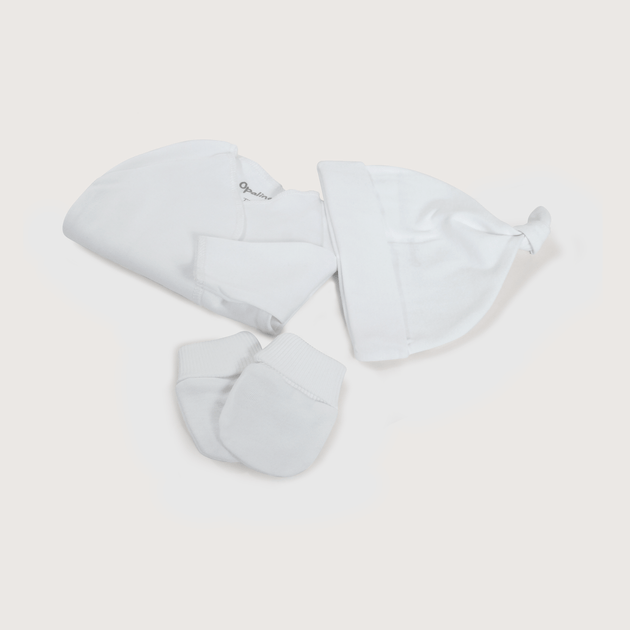 Set para bebe: camisa, gorro y mitones blancos