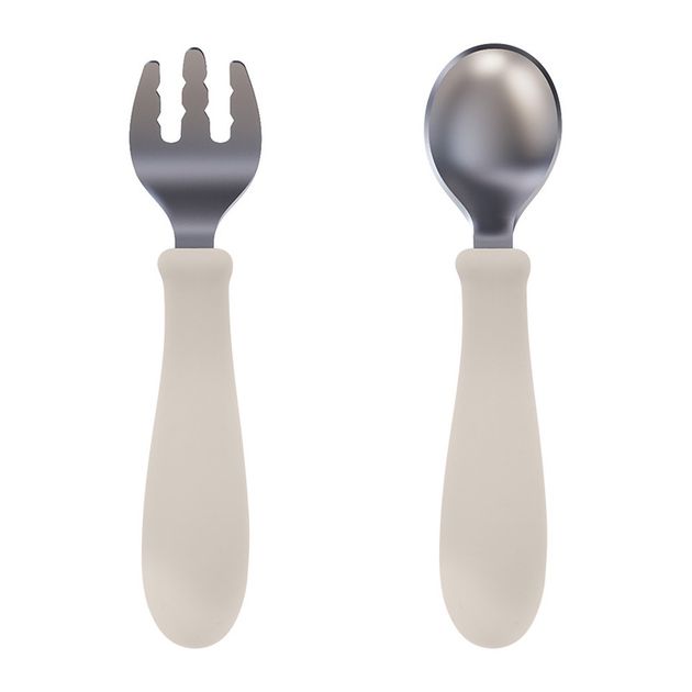 Set cuchara y tenedor silicona acero giratorios gris